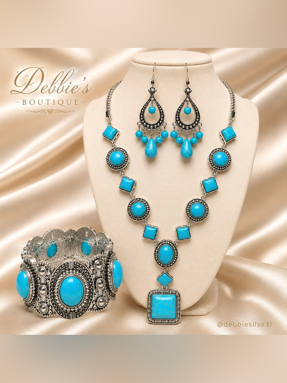 NWT Turquoise Silver Tone 3-Piece Jewelry Set Necklace Earrings Bracelet